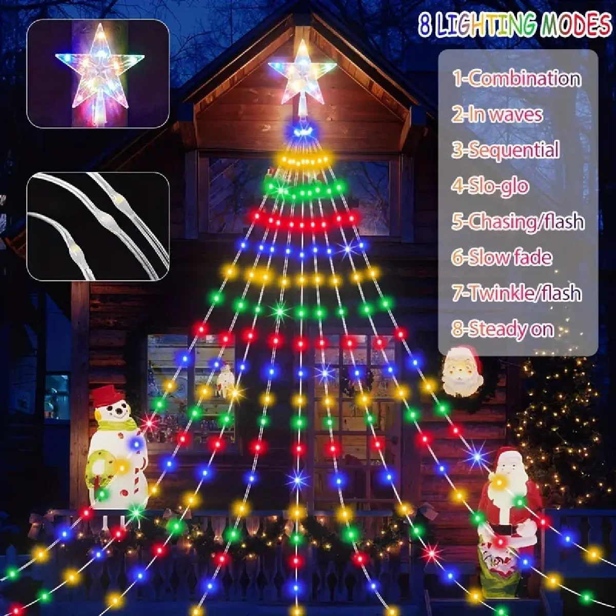 Árbol de luces en cascada con estrella (solar)