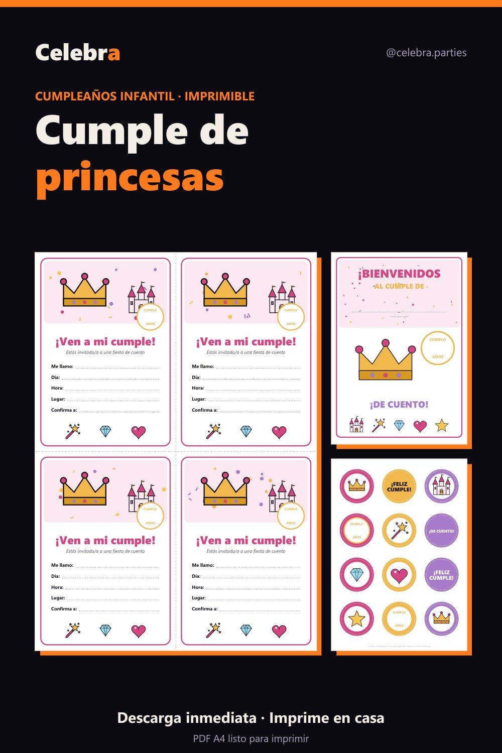 Pack de cumpleaños de princesas para imprimir