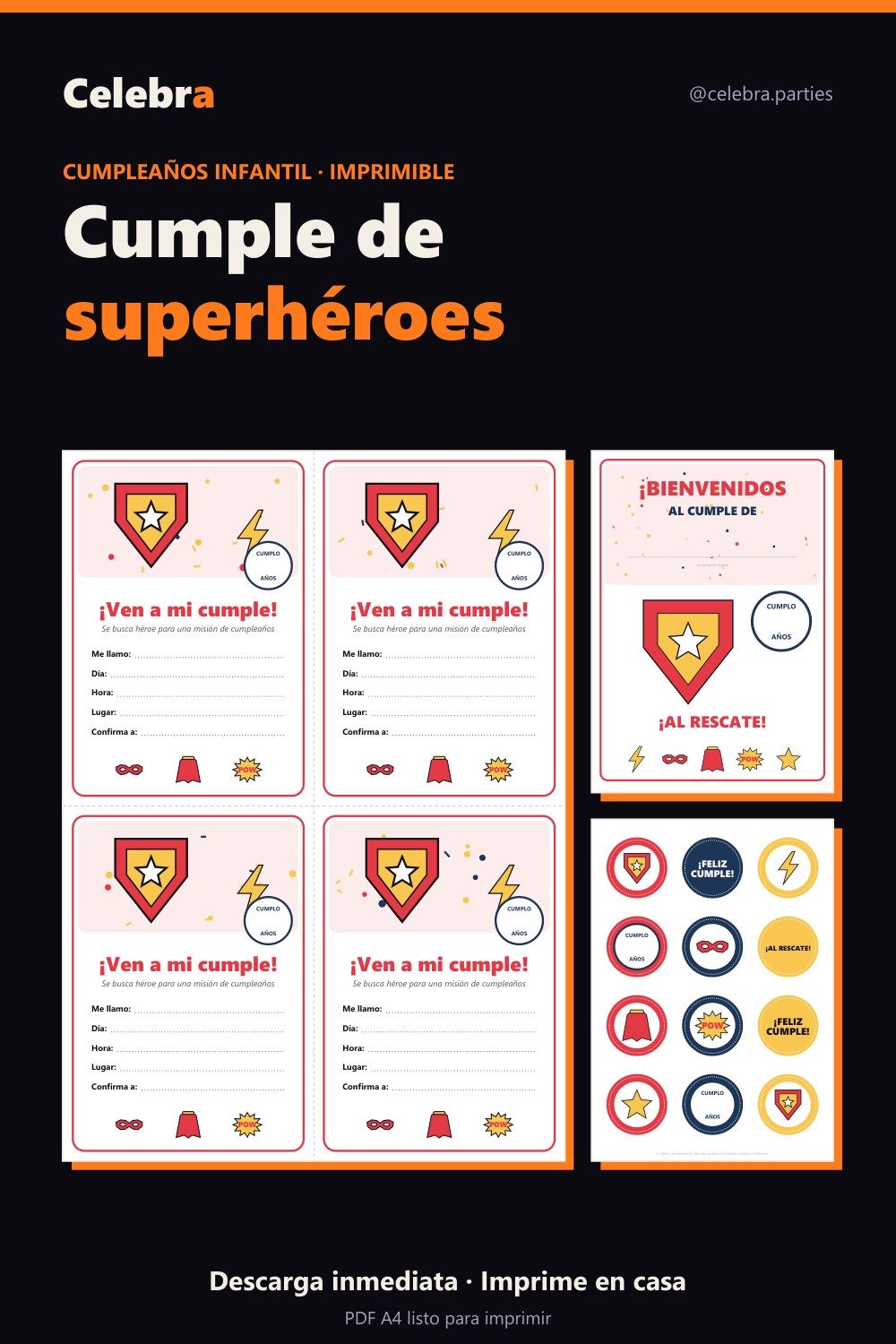 Pack de cumpleaños de superhéroes para imprimir